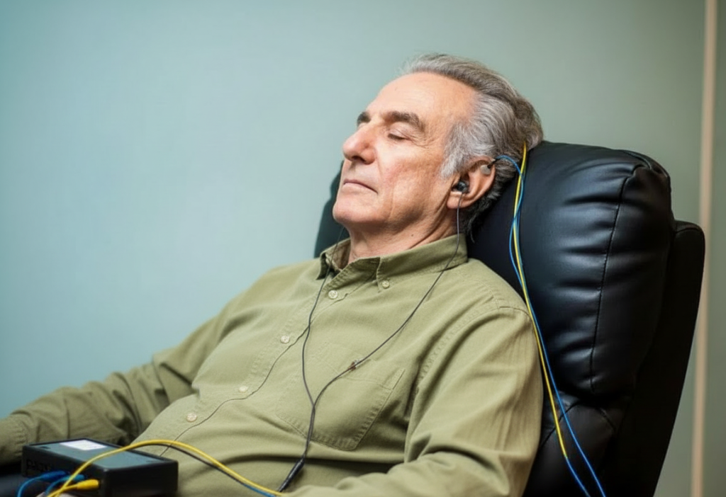 Monsieur âgé installé confortablement lors d'une session de neurofeedback dynamique